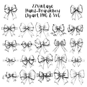25 Vintage Hand-Drawn Double Loop Bows Clipart PNG & SVG | LineArt Elegante para Projetos DIY | Download Instantâneo