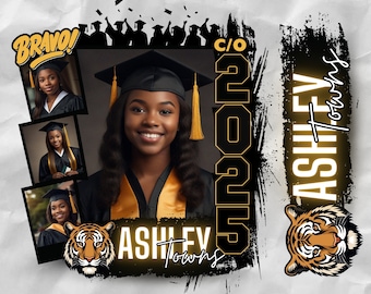 May include: A graduation announcement featuring a smiling graduate in a cap and gown with gold accents. The design includes the text "C/O 2023" and the name "Ashley Towns", along with a tiger mascot and the word "Bravo!"