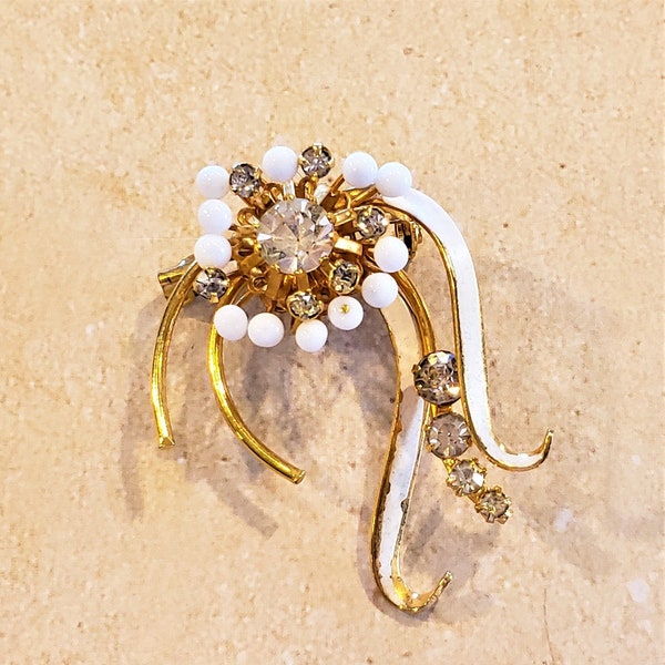 Gold  Brooch/Milk Glass Brooch/Rhinestone Brooch/Austrian Brooch/Enamel Brooch