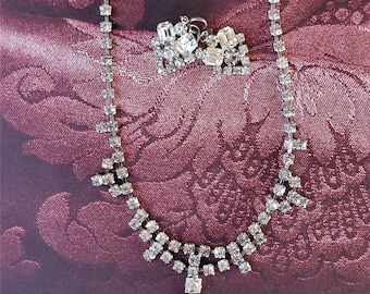 Vintage Rhinestone Jewelry Set: Double Strand Necklace & Clip Earrings