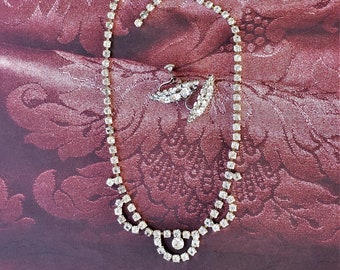 Vintage Rhinestone Necklace & Clip-on Earrings Set, Bridal Jewelry