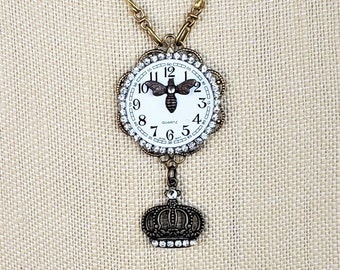 Queen Bee Steampunk Necklace, Watch Face & Crown Charm