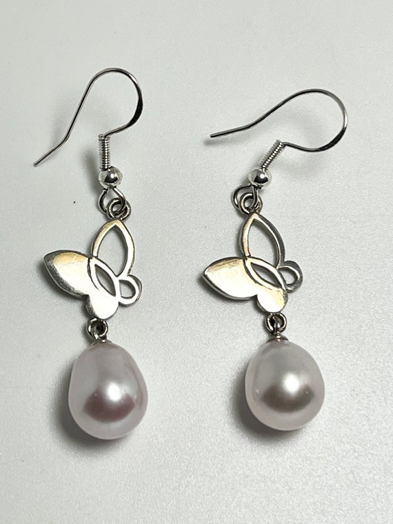 Sterling/Baroque Pearl/Pearl Earrings/Butterfly E… - image 2