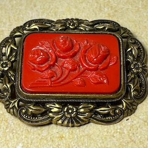 Silk Roadside/Cinnabar Brooch/Vintage Brooch/Red Brooch/Rose Brooch