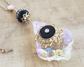 Vintage Chandelier Necklace with Faux Crystal and Gold Earring Pendant