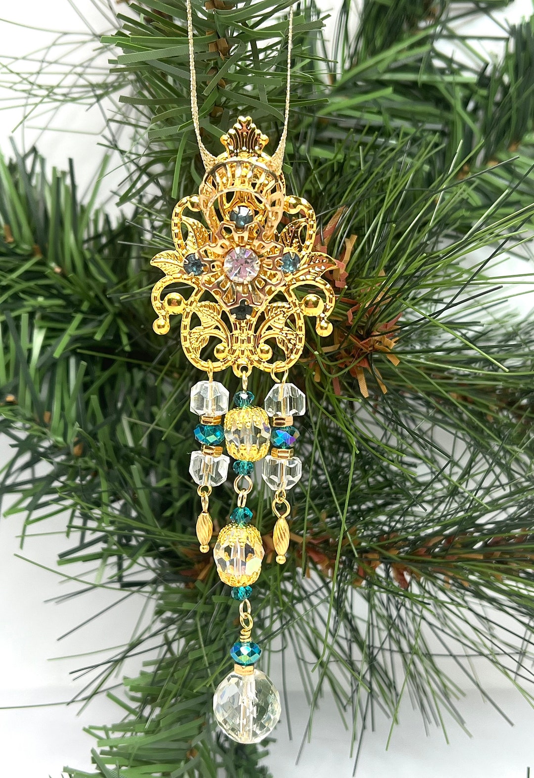 Christmas Ornament/vintage Jewelry/jewelry Ornament/blue Ornament/gold