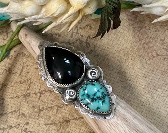 Two stone onyx and Tibetan turquoise statement ring, black and turquoise ring, two-stone ring, boho-chic ring, boho style ring, Ooak ring