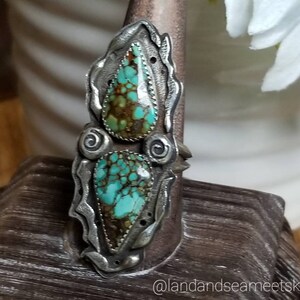 Treasure mountain turquoise two-stone ring, with a double triangle wire band. Statement two-stone ring, bohostyle two-stone ring image 2