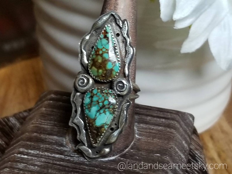 Treasure mountain turquoise two-stone ring, with a double triangle wire band. Statement two-stone ring, bohostyle two-stone ring image 2