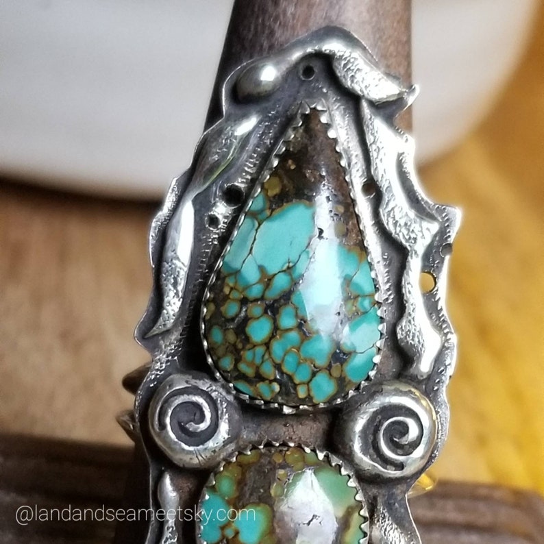 Treasure mountain turquoise two-stone ring, with a double triangle wire band. Statement two-stone ring, bohostyle two-stone ring image 5