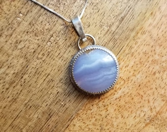 Blue lace agate round stone silver pendant, round blue pendant, blue stone necklace, blue circle pendant, blue lace agate necklace