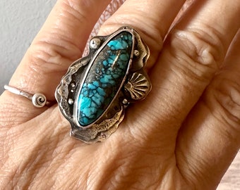 Cloud mountain turquoise stone ring, large oblong turquoise ring, turquoise statement ring, large surfboard turquoise stone ring