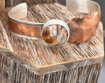 Crazy lace agate leaf copper and silver cuff bracelet, fall leaf textured silver and copper cuff bracelet. Mixed metal cuff bracelet
