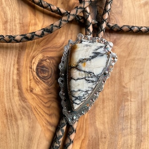 Genuine hubei white opalized stone bolo tie for her, arrowhead shaped bolo tie, hubei opalized stone bolo tie, ooak bolo tie, lariat tie. image 1