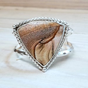 Large triangle landscape Jasper Sterling Silver Cuff Bracelet | large stone Silver Cuff Bracelet | Big and bold Statement cuff bracelet