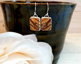 Jasper stone silver dangle earrings. Brown and tan picture jasper dangle earrings. Picture jasper rectangle dangle earrings, Valentines gift