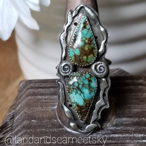 Treasure mountain turquoise two-stone ring, with a double triangle wire band. Statement two-stone ring, bohostyle two-stone ring image 4
