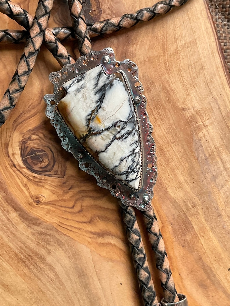 Genuine hubei white opalized stone bolo tie for her, arrowhead shaped bolo tie, hubei opalized stone bolo tie, ooak bolo tie, lariat tie. image 9