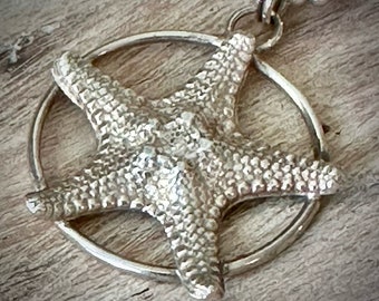 Starfish silver pendant and chain, starfish necklace, sea creature necklace, ocean lover pendant on ball chain.