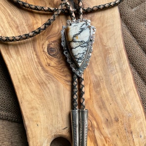 Genuine hubei white opalized stone bolo tie for her, arrowhead shaped bolo tie, hubei opalized stone bolo tie, ooak bolo tie, lariat tie. image 3