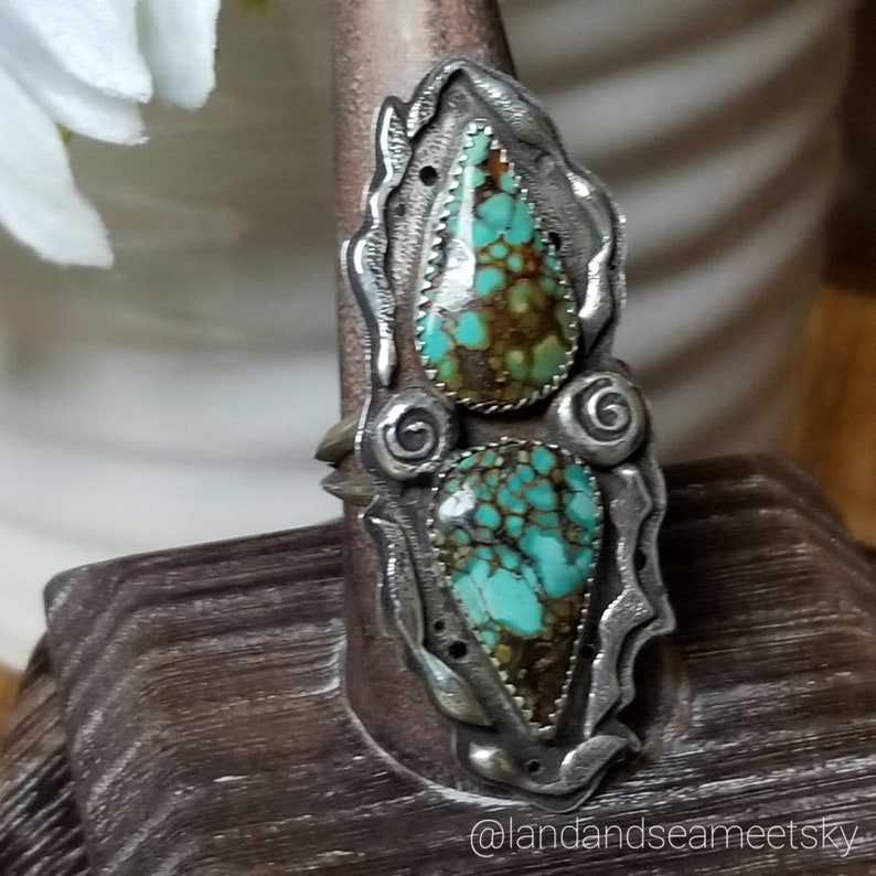 Treasure mountain turquoise two-stone ring, with a double triangle wire band. Statement two-stone ring, bohostyle two-stone ring image 1