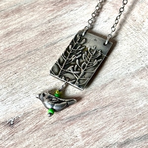 Pepper grass rectangle pendant with a cardinal bird charm. Nature lovers pendant. Fine silver pepper grass pendant, bird watchers pendant