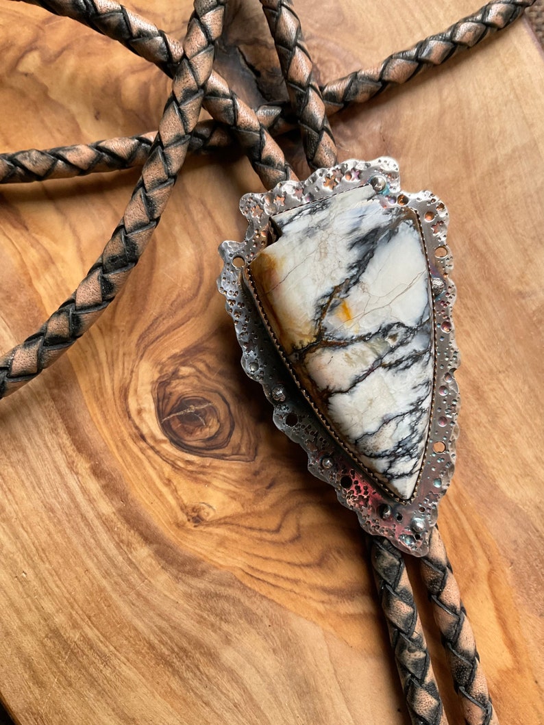 Genuine hubei white opalized stone bolo tie for her, arrowhead shaped bolo tie, hubei opalized stone bolo tie, ooak bolo tie, lariat tie. image 6