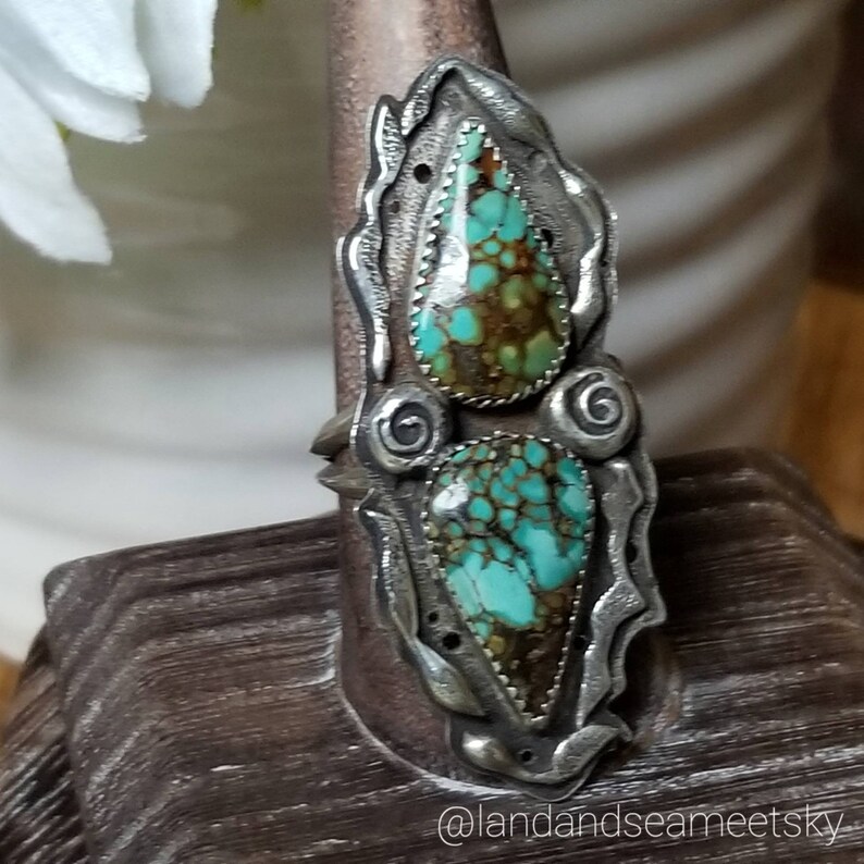 Treasure mountain turquoise two-stone ring, with a double triangle wire band. Statement two-stone ring, bohostyle two-stone ring image 3