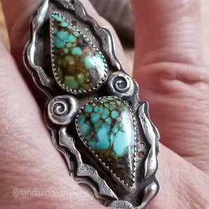 Treasure mountain turquoise two-stone ring, with a double triangle wire band. Statement two-stone ring, bohostyle two-stone ring image 8