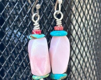 Mexican Opal and turquoise beaded earrings, pink beaded earrings, pink drop earrings, beaded drop earrings, silver drop earrings