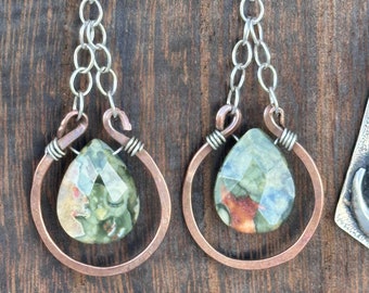 Unakite Jasper stone copper and silver dangle earrings, Unakite earrings. Mixed metal earrings, green stone earrings