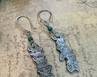 Flower stamped malachite dangle earrings, silver flower stamped earrings, hibiscus stamped silver dangle earrings