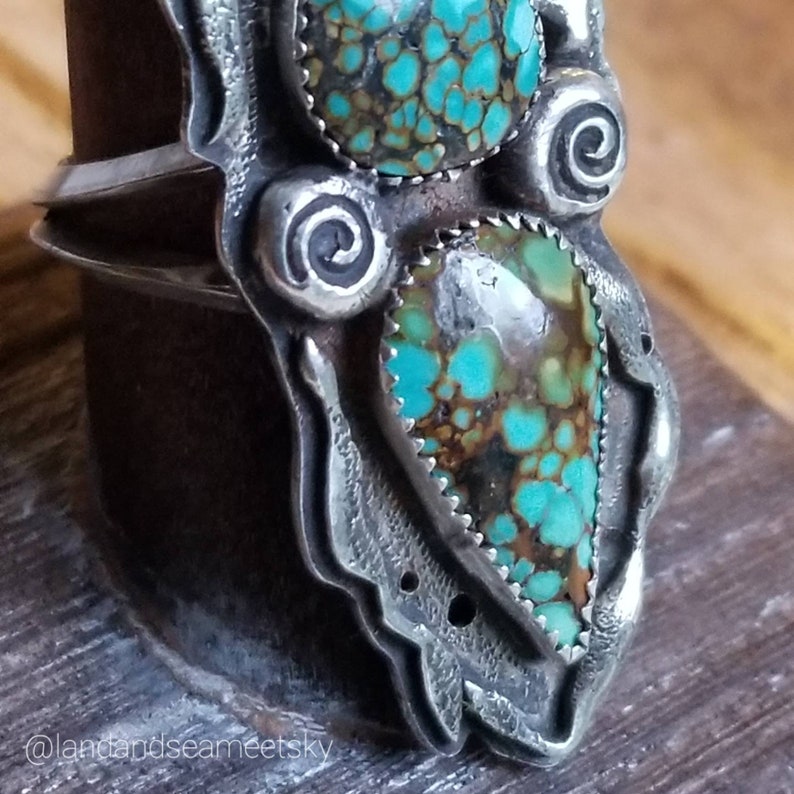 Treasure mountain turquoise two-stone ring, with a double triangle wire band. Statement two-stone ring, bohostyle two-stone ring image 6