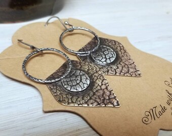 Dangle bronze earrings, textured bronze earrings, 8th anniversary gift bohemian earrings