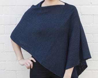 Navy Lightweight Merino Wool Poncho, petite poncho, petite cape, light knit sweater, women's gift, gift for her, women's accessories