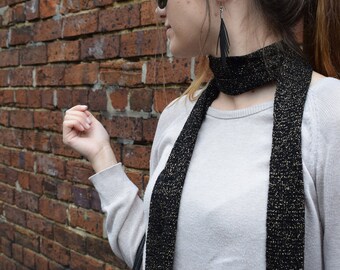 Skinny Scarf, Gift for her, Girlfriend gift, Women's gift - Black merino wool with gold lurex