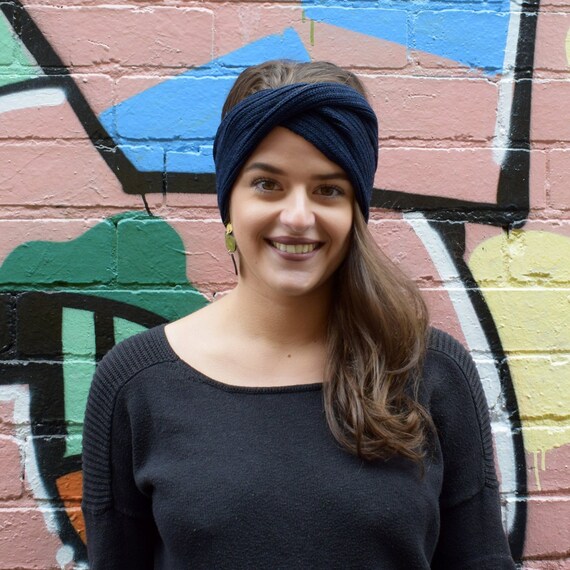 Navy Knitted Headband, Wool Headband, Merino Head Band, Knotted