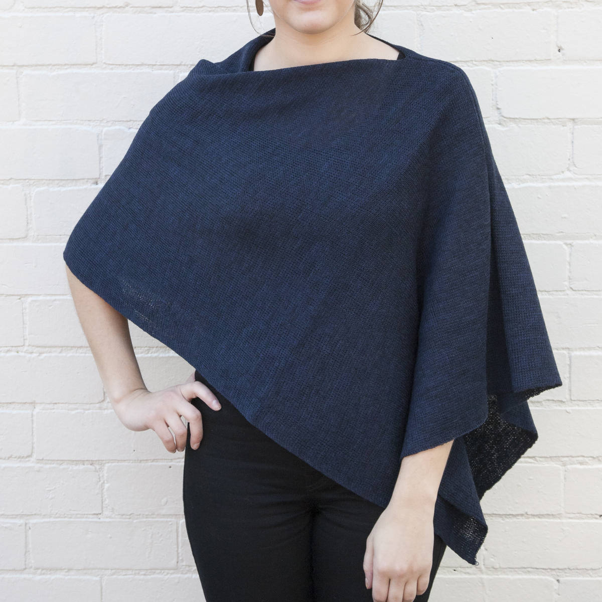 Hooded Poncho - Navy Merino - Thin stripe Trims - Pre-Order