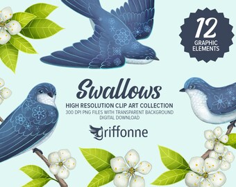 DIGITAL DOWNLOAD - Swallows Clipart - Spring, Flower, Swallows, Birds, Apple tree, Blossom, Digital watercolor clipart, Commercial use