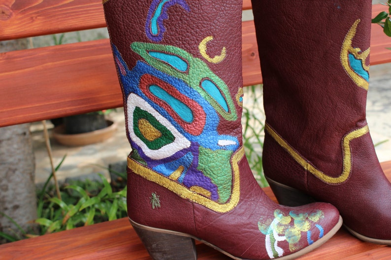 Leather Booties brown gold turquoise Country Boots . handpainted leather western boots 100/% leatherCowboy boots Art at your feet