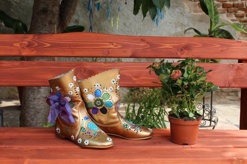 handpainted leather autumn boots 100/% leather gold and turquoise boots ,Golden Autumn Leather Shabby Chic Boots ,