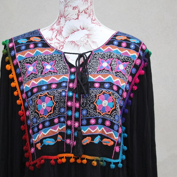 Bohemian gipsy folk motifs ethnic black indian cotton embroidered tunic
