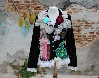 Bohemian romantic, Baroque style , altered couture, embroidered and beaded details,old laces, black velvet jacket ,,PEARL,,