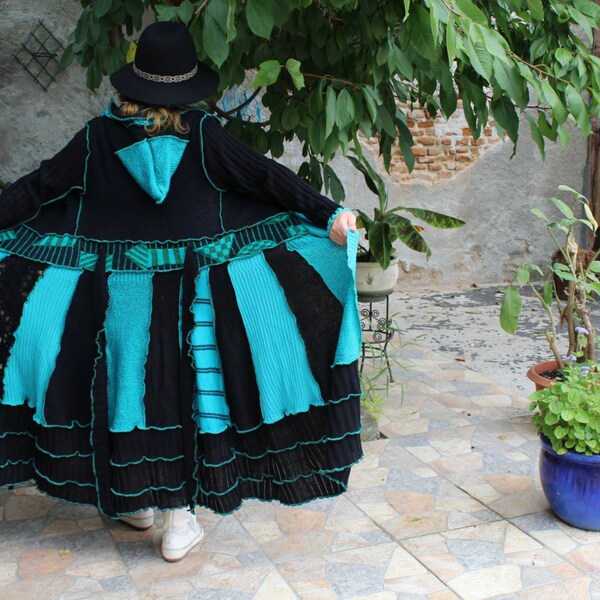 Elf Coat Size Medium Dark Black And Turquoise Fée Twirling Hood Pull Upcycled Sweater Patchwork Wearable Art,,DEEP WATER,,