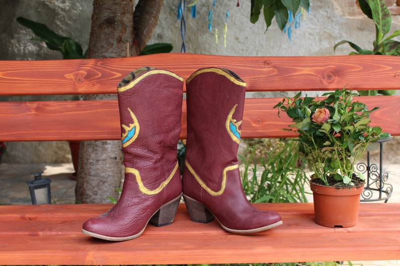 Leather Booties brown gold turquoise Country Boots . handpainted leather western boots 100/% leatherCowboy boots Art at your feet