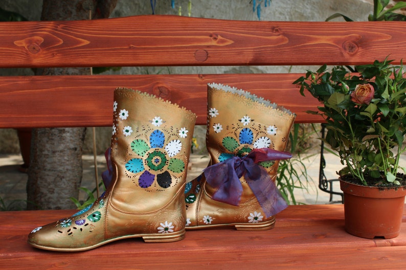 handpainted leather autumn boots 100/% leather gold and turquoise boots ,Golden Autumn Leather Shabby Chic Boots ,