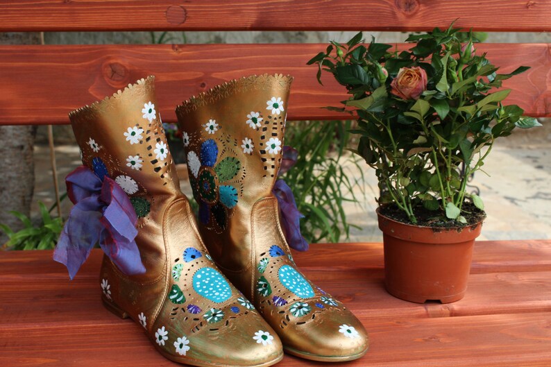 handpainted leather autumn boots 100/% leather gold and turquoise boots ,Golden Autumn Leather Shabby Chic Boots ,