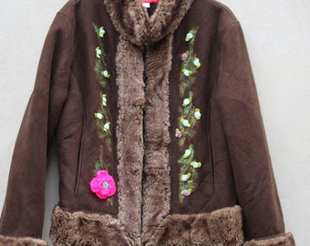 Penny Lane Coat with fluffy brown faux fur 70s inspired Embroidered Afghan ReworkedPainted Coat