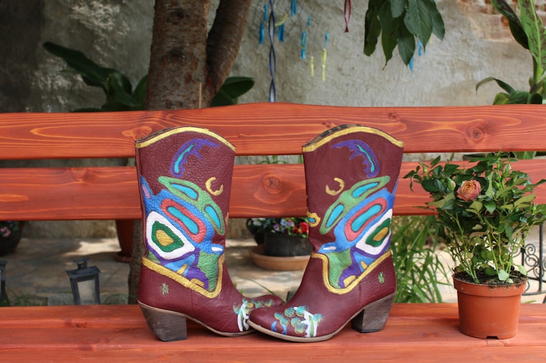 Leather Booties brown gold turquoise Country Boots . handpainted leather western boots 100/% leatherCowboy boots Art at your feet