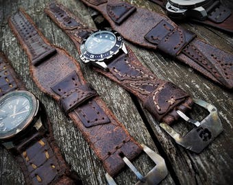 Vintage VDB geïntegreerde BUND HORLOGEBAND Jules Verne Captain Nemo Bund verweerd leer aangepaste handgemaakte Horween koeienhuid iWatch uniseks rustiek